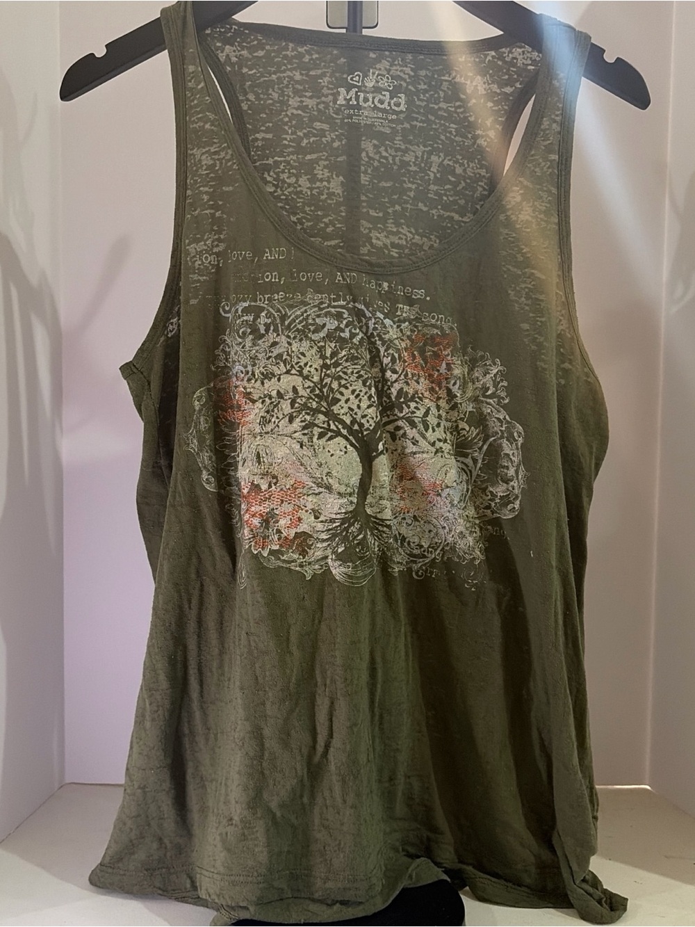 Mudd Olive Green Tree Graphic Tank Top with Subtle Coral Accents